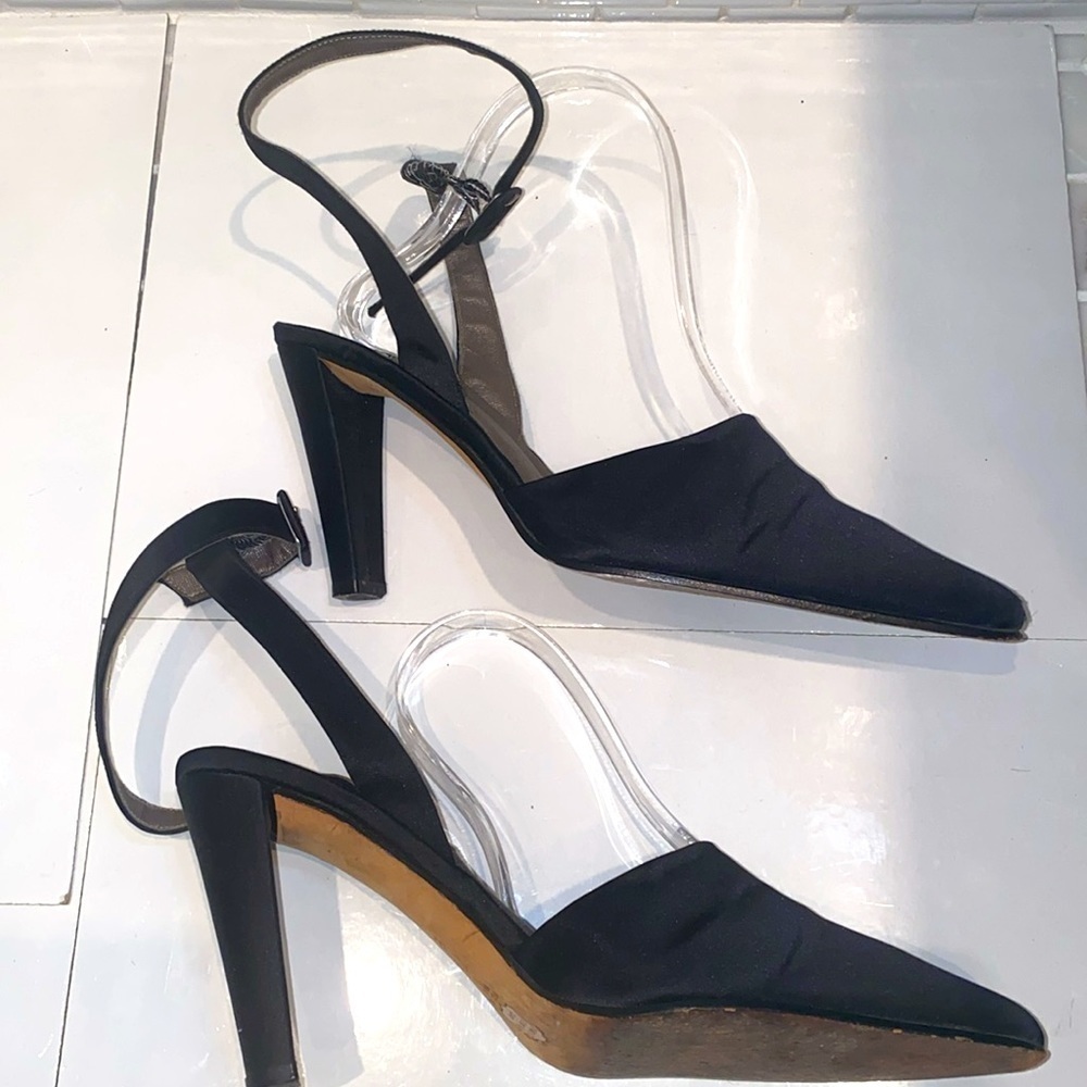 Nine West black satin ankle strap 4” block heels. Pointed toe. Size 7.5.